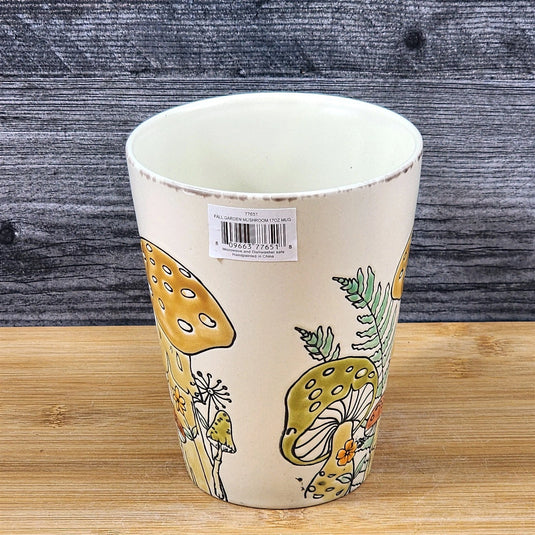 Coffee Mug Morel Mushroom Cup Ceramic Brown Green Floral Garden Blue Sky 17oz