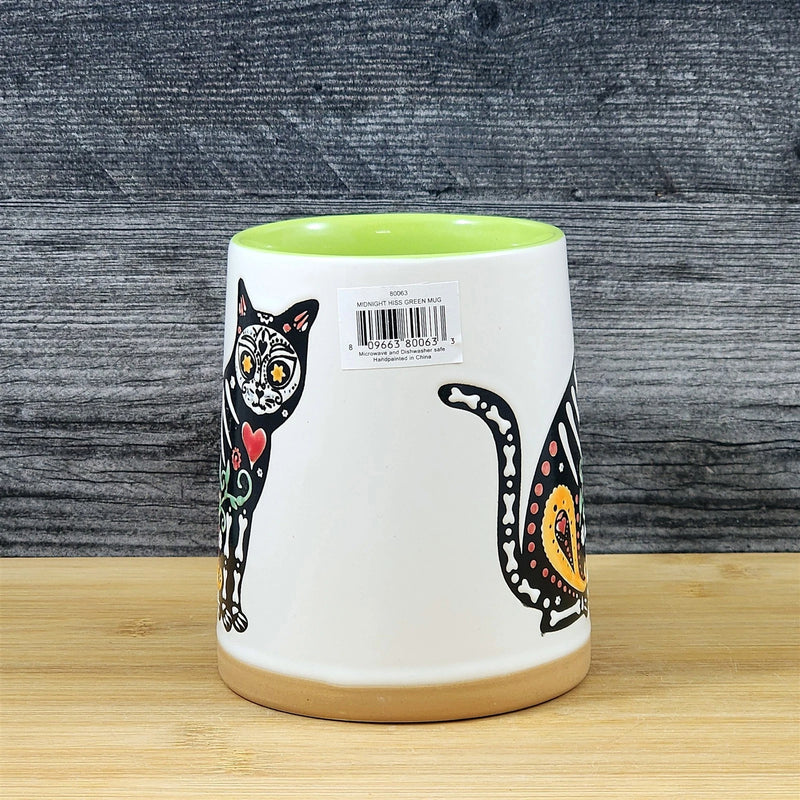 Load image into Gallery viewer, Halloween Day of the Dead Whimsical Cat Coffee Mug Green Ceramic Cup Blue Sky
