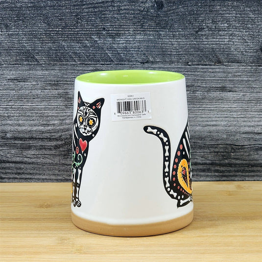Halloween Day of the Dead Whimsical Cat Coffee Mug Green Ceramic Cup Blue Sky