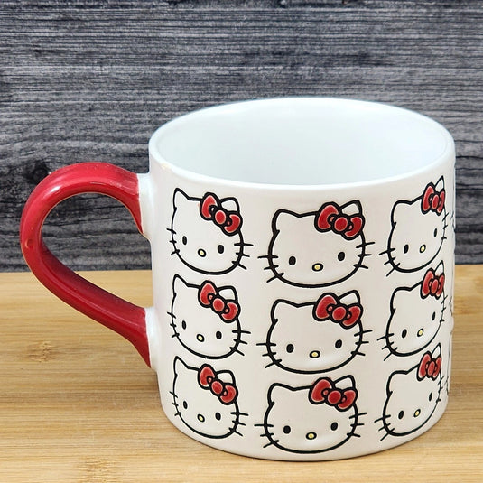 Hello Kitty Faces Coffee Mug Red Ceramic Tea Cup Blue Sky Embossed 18oz