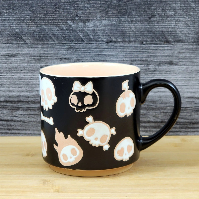 Load image into Gallery viewer, Halloween Whimsical Skulls Black Mug Ceramic Coffee Tea Cup by Blue Sky 18oz

