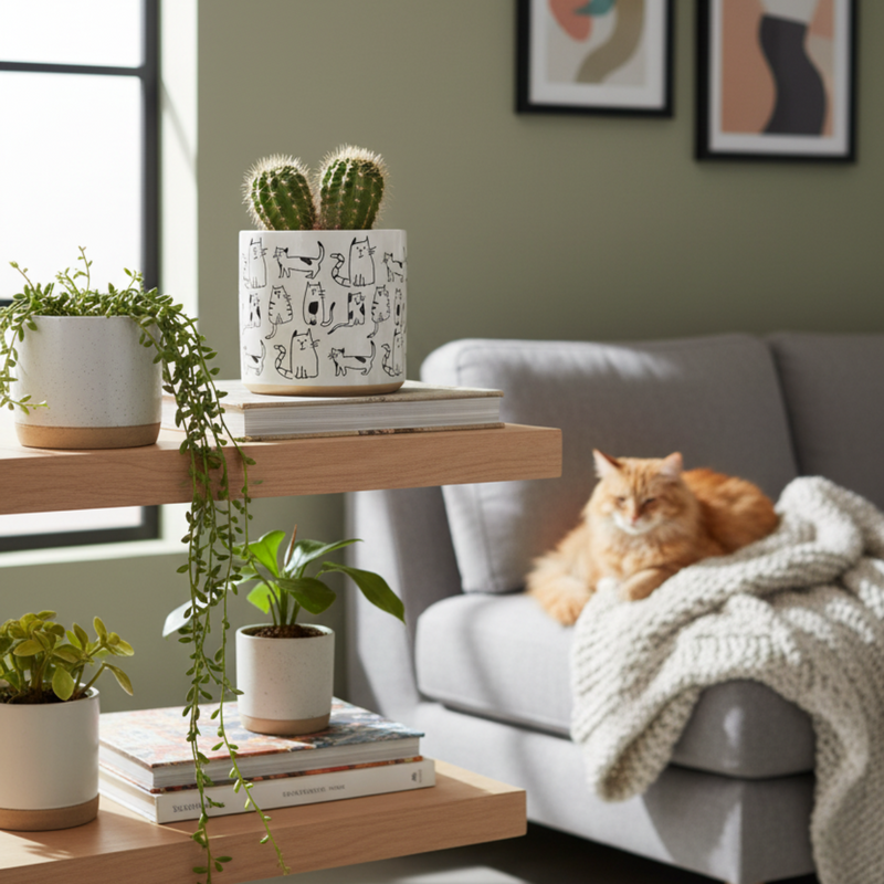 Load image into Gallery viewer, Cat Planter Kitty Herb Succulent Pot Ceramic Utensil Organizer Blue Sky 6.5in

