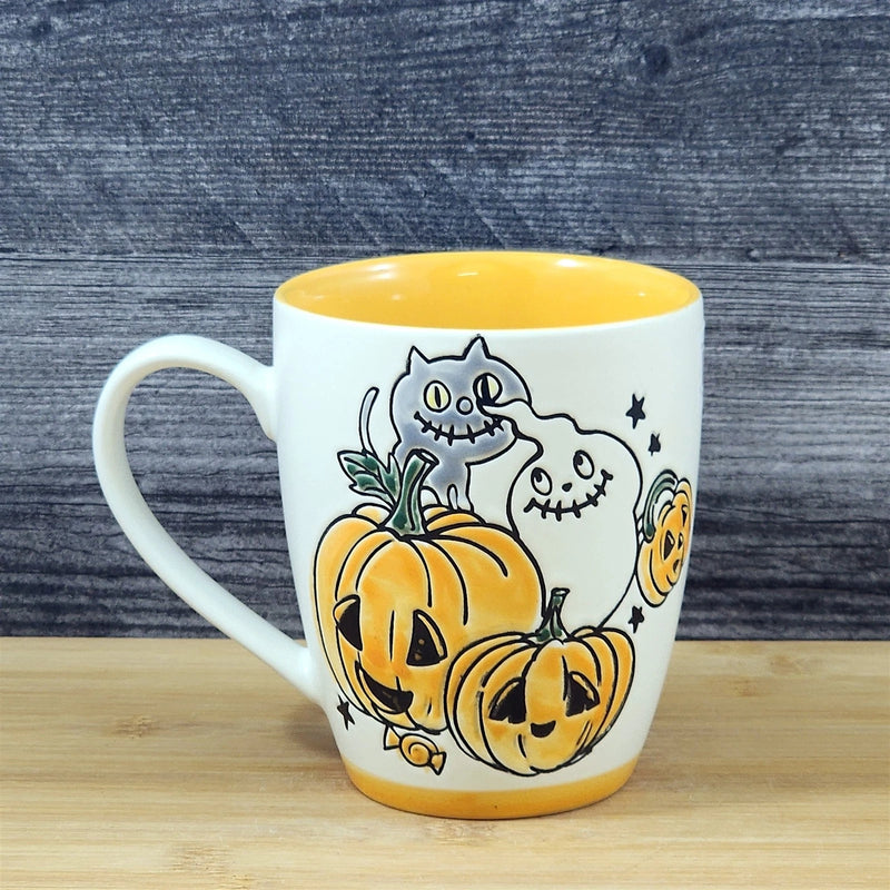 Load image into Gallery viewer, Whimsical Halloween Coffee Mug Jack-O-Lantern Orange Tea Cup Ceramic Blue Sky 18
