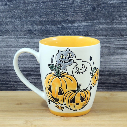 Whimsical Halloween Coffee Mug Jack-O-Lantern Orange Tea Cup Ceramic Blue Sky 18