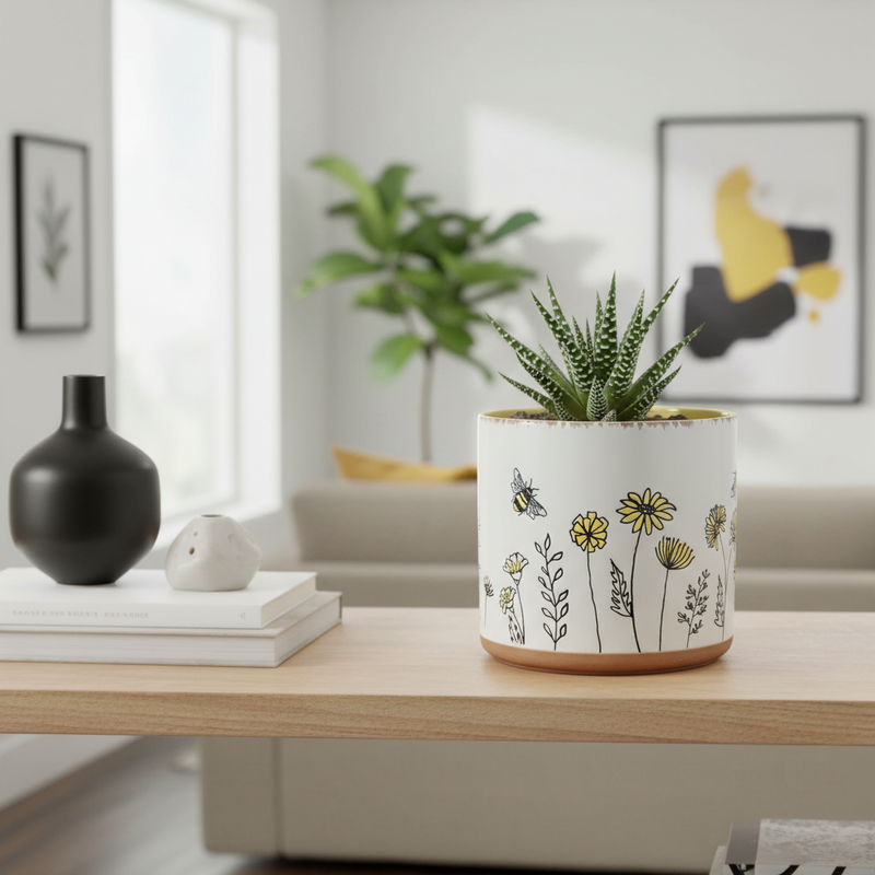 Load image into Gallery viewer, Flower Garden Planter Daisy Plant Bee Ceramic Utensil Holder Blue Sky Yellow 5in
