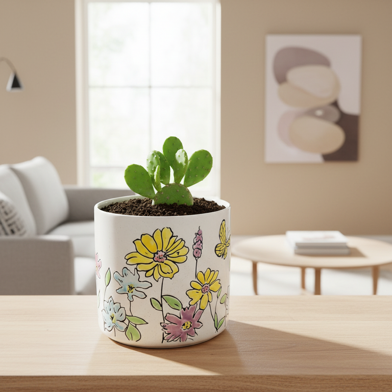 Load image into Gallery viewer, Wildflower Butterfly Planter Utensil Holder Plant Ceramic Crock Blue Sky 6.5in
