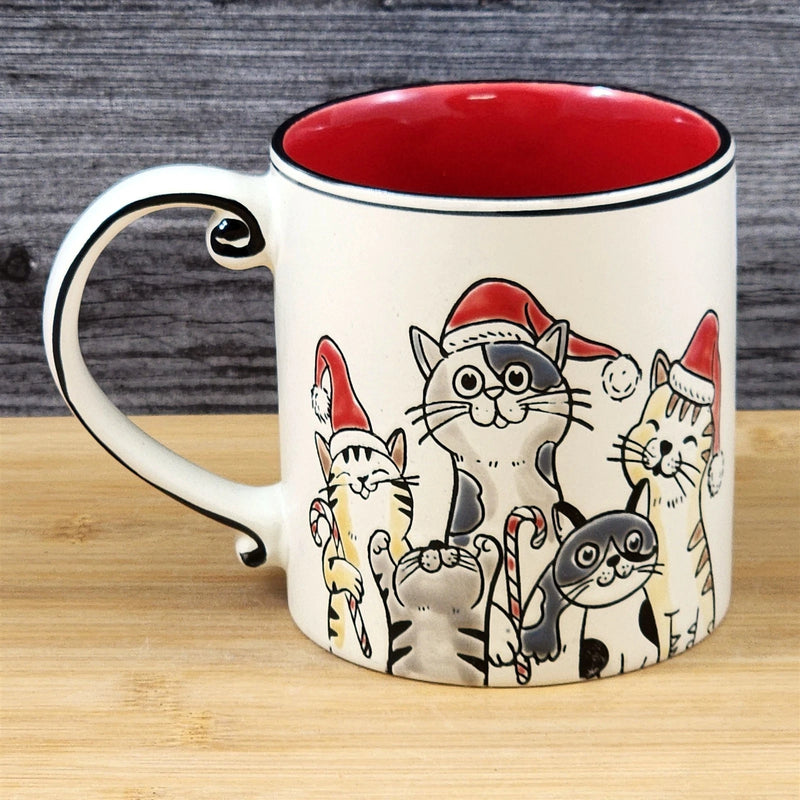 Load image into Gallery viewer, Christmas Cats in Santa Hat Ceramic Mug Blue Sky Ceramic Red Cup Holiday 21oz

