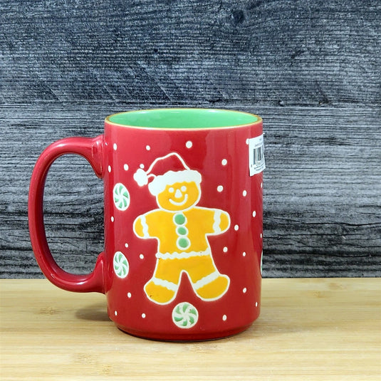Holiday Gingerbread Christmas Coffee Mug Ceramic Cup Red Green 18oz Blue Sky