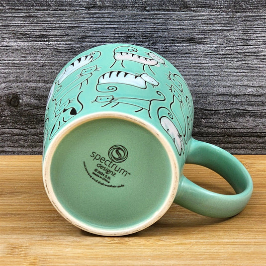 Cat Lover Coffee Mug Pastel Pink Green Embossed Ceramic Tea Cup Blue Sky 18oz