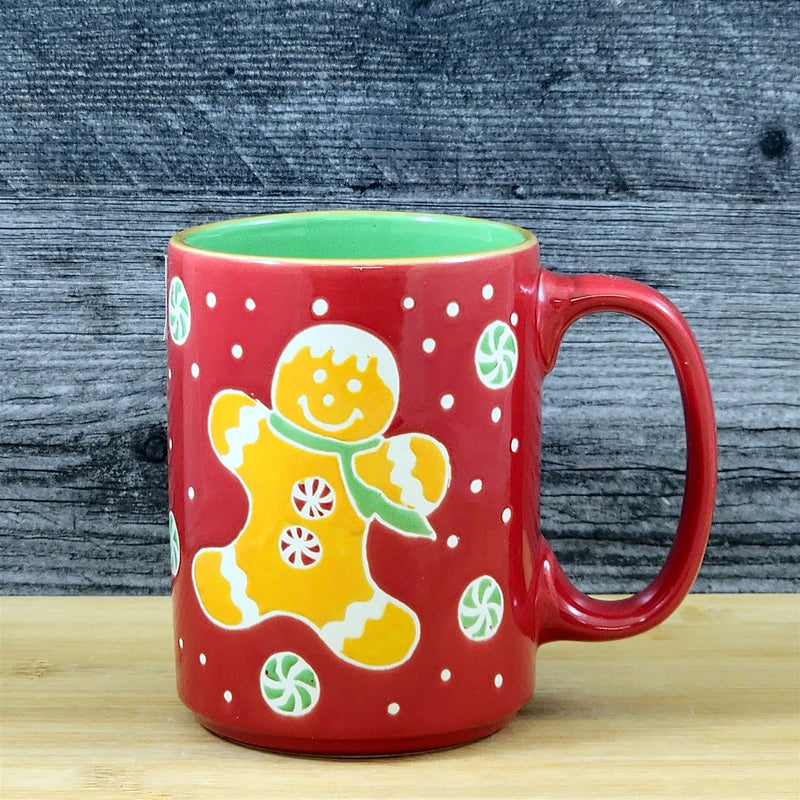 Load image into Gallery viewer, Gingerbread Christmas Coffee Mug Ceramic Holiday Cup Red Green 18oz Blue Sky
