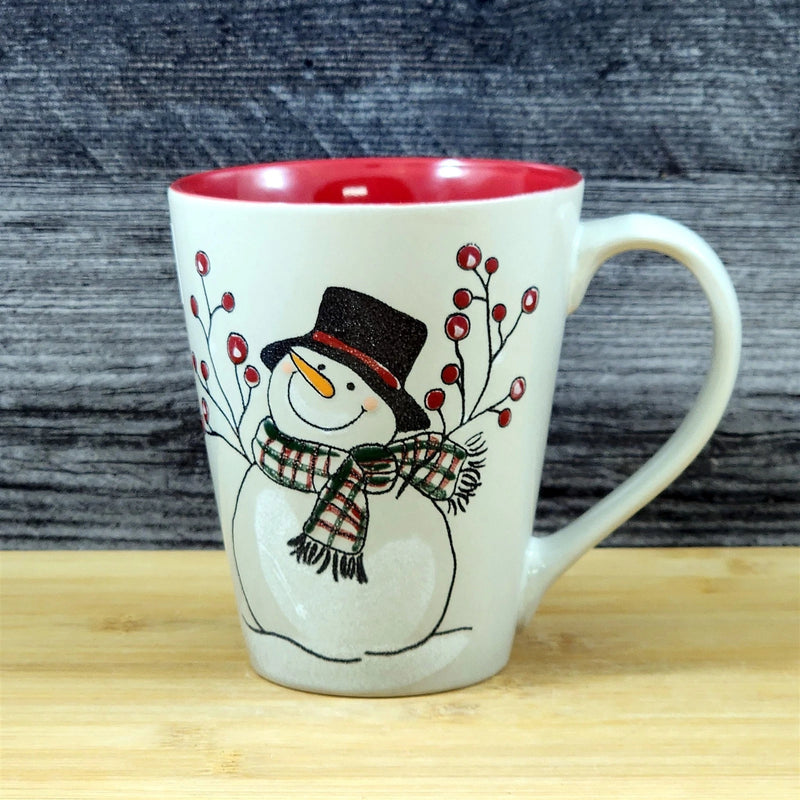 Load image into Gallery viewer, Christmas Snowman Holiday Coffee Mug Red Berry Ceramic Embossed Tea Cup Blue Sky
