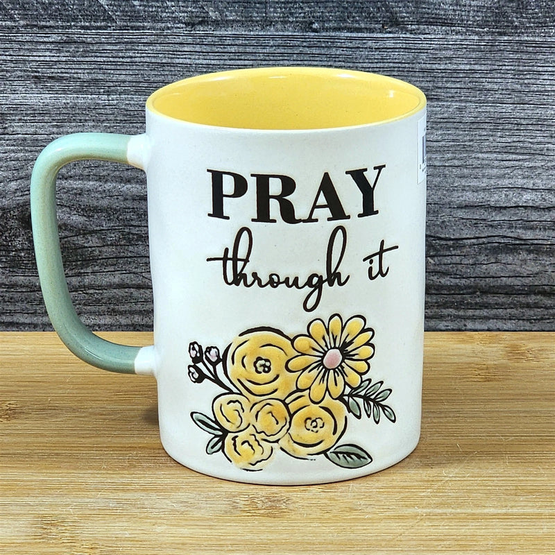 Load image into Gallery viewer, Religious Pray Through It Coffee Mug Floral Yellow Ceramic 18oz Cup Blue Sky
