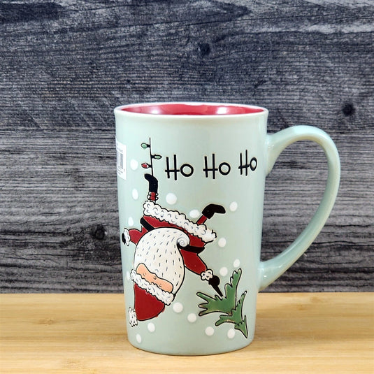 Santa Coffee Mug Christmas Holiday Green Embossed Tea Cup Ceramic Blue Sky 17oz