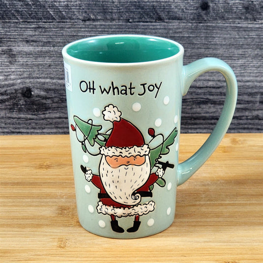 Coffee Mug Christmas Holiday Santa Green Embossed Tea Cup Ceramic Blue Sky 17oz