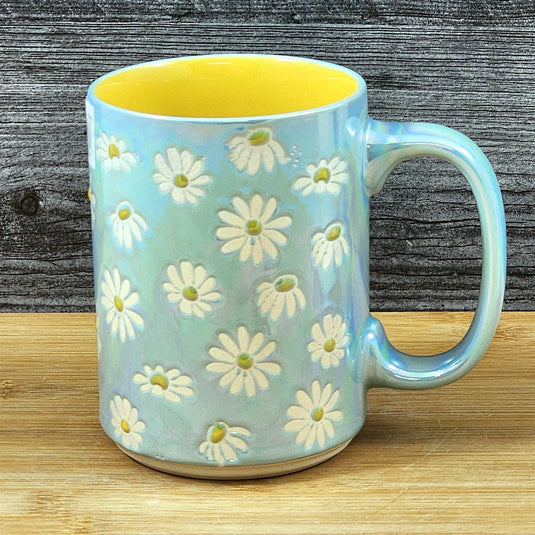 Coffee Mug White Daisy Summer Yellow Tea Cup Ceramic Embossed Blue Sky 18oz