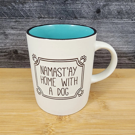 Namast'ay Home With A Dog Coffee Mug Embossed Ceramic White Tea Cup by Blue Sky