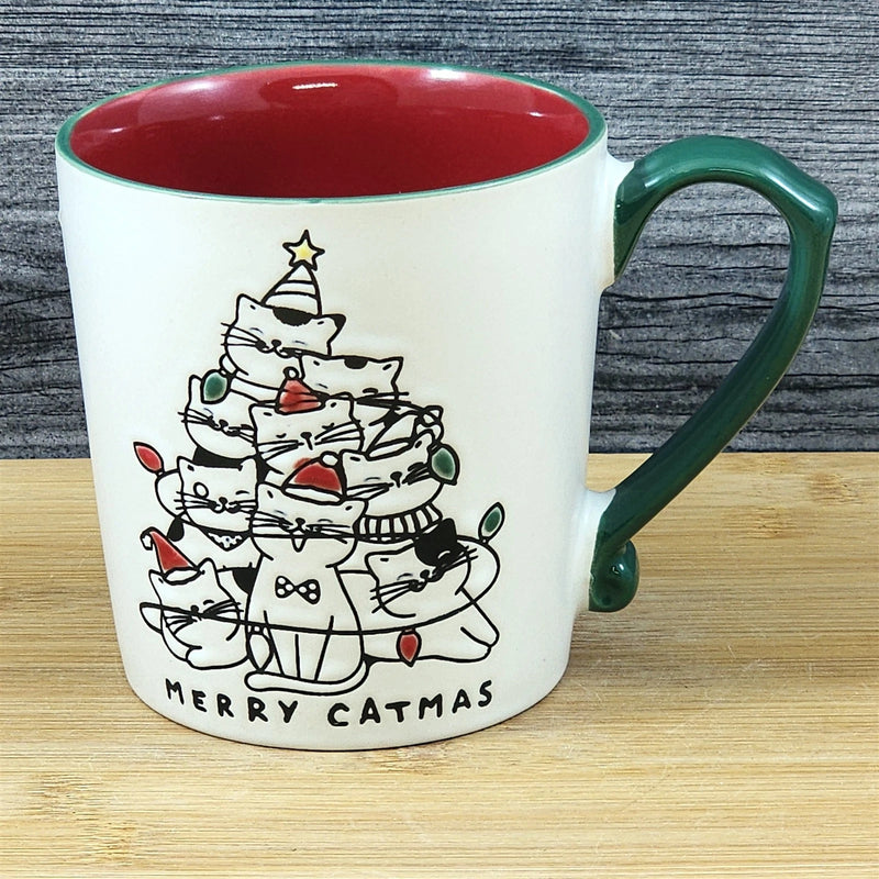 Load image into Gallery viewer, Christmas Cats in Santa Hats Tree Mug Blue Sky Ceramic Red Cup Holiday 18oz
