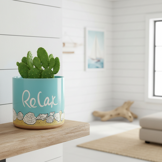 Beach Shells Planter Ceramic Utensil Organizer Herb Succulent Blue Sky 6.5in