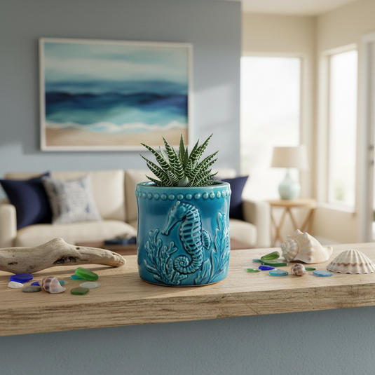 Sea Horse Ocean Planter Ceramic Utensil Organizer Herb Succulent Blue Sky 5in