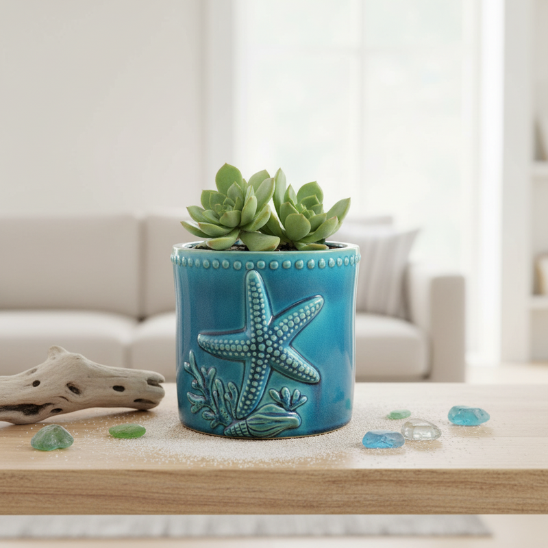Load image into Gallery viewer, Star Fish Shells Planter Ceramic Utensil Organizer Herb Succulent Blue Sky 6.5in
