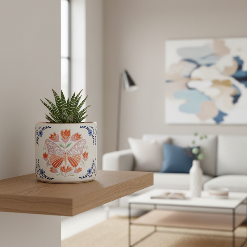 Load image into Gallery viewer, Butterfly Planter Utensil Organizer Flower Succulent Plant Ceramic Blue Sky 6.5in
