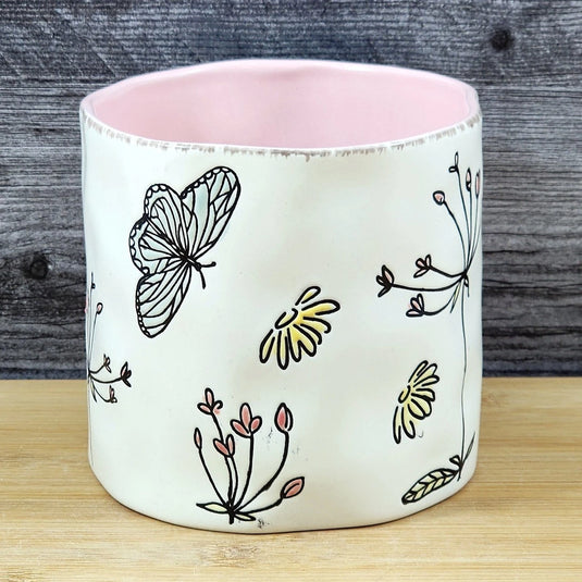 Butterfly Planter Utensil Organizer Flower Succulent Pink Ceramic Blue Sky 5in