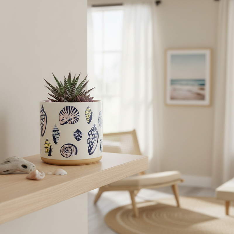 Load image into Gallery viewer, Sea Shells Planter Ceramic Utensil Organizer Herb Succulent Pink Blue Sky 6.5in
