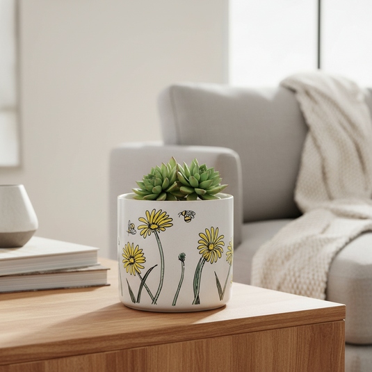 Daisy Bee Field Planter Utensil Organizer Succulent Plant Ceramic Blue Sky 6.5in