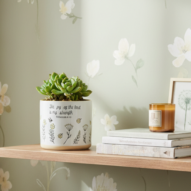 Load image into Gallery viewer, Wildflower Religious Saying Planter Utensil Holder Plant Ceramic Blue Sky 6.5in
