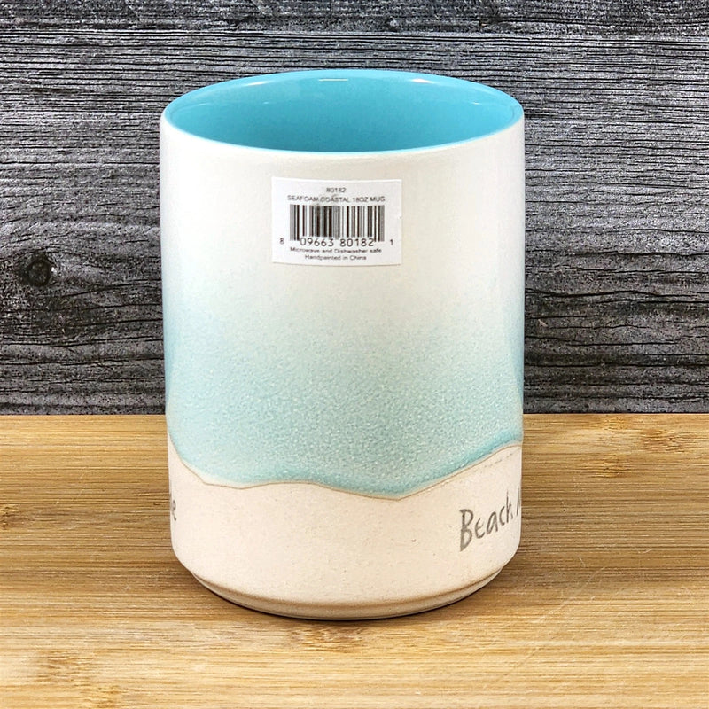Load image into Gallery viewer, Beach Seafoam Coffee Mug Coastal Tea Cup Ceramic Embossed Ocean Blue Sky 18oz

