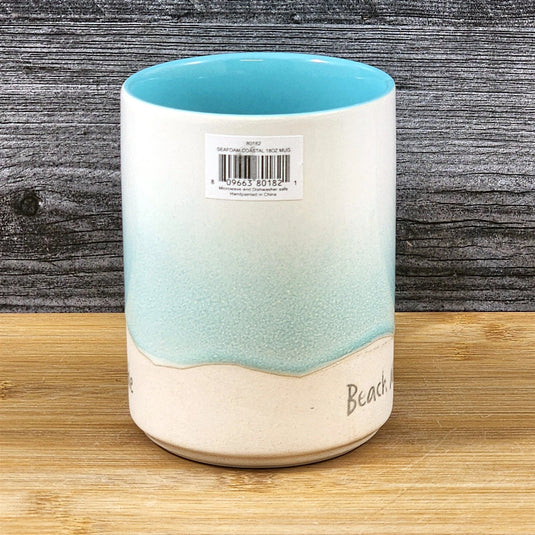 Beach Seafoam Coffee Mug Coastal Tea Cup Ceramic Embossed Ocean Blue Sky 18oz
