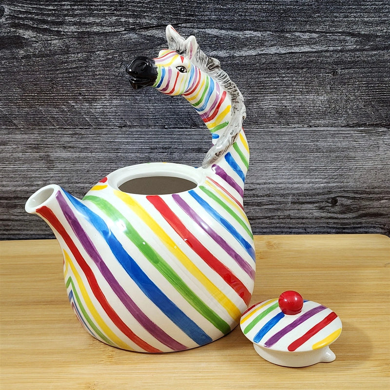 Load image into Gallery viewer, Zebra Teapot Rainbow Colored Safari Animal Ceramics Tea Pot Blue Sky
