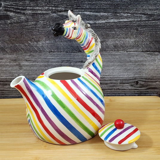 Zebra Teapot Rainbow Colored Safari Animal Ceramics Tea Pot Blue Sky