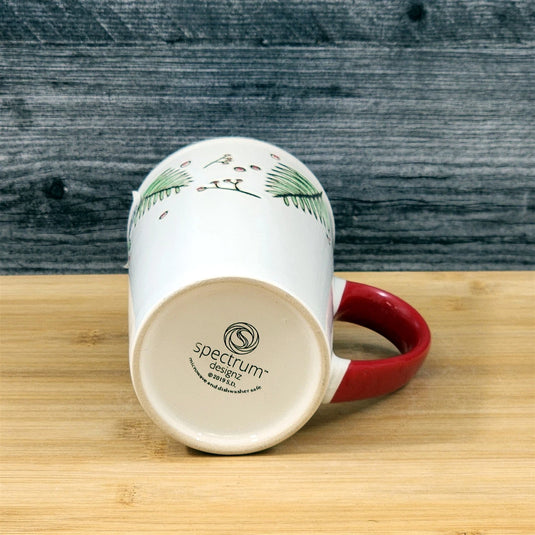 Christmas Coffee Mug Pine Berry Holiday Red Embossed Cup Ceramic Blue Sky 17oz