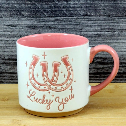 Country Western Coffee Mug Pink Lucky Horse Shoe Ceramic Tea Cup Blue Sky 18oz