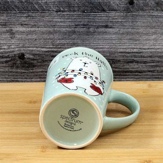 Coffee Mug Polar Bear Christmas Holiday Green Embossed Cup Ceramic Blue Sky 17oz