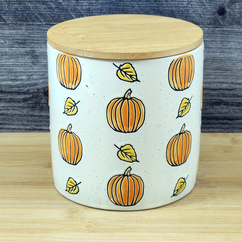 Load image into Gallery viewer, Fall Pumpkin Canister &amp; Bamboo Lid Embossed 5" Ceramic Yellow Jar Blue Sky
