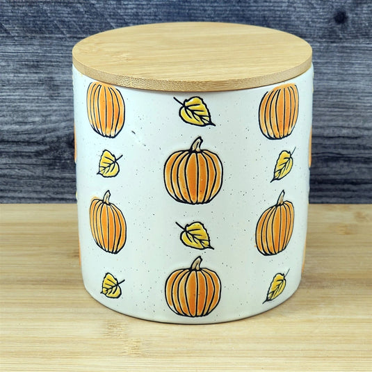 Fall Pumpkin Canister & Bamboo Lid Embossed 5" Ceramic Yellow Jar Blue Sky