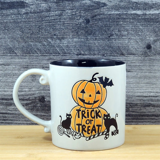 Pumpkins Halloween Coffee Mug Black Cats Ceramic Embossed Tea Cup Blue Sky 21oz