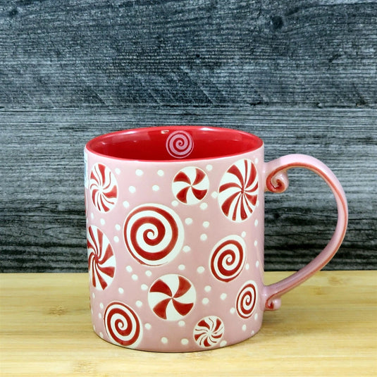 Pink Peppermint Candy Christmas Holiday Coffee Mug Ceramic Cup Red 21oz Blue Sky