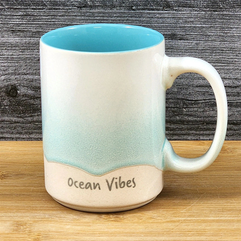 Load image into Gallery viewer, Beach Seafoam Coffee Mug Ocean Coastal Tea Cup Embossed Ceramic Blue Sky 18oz
