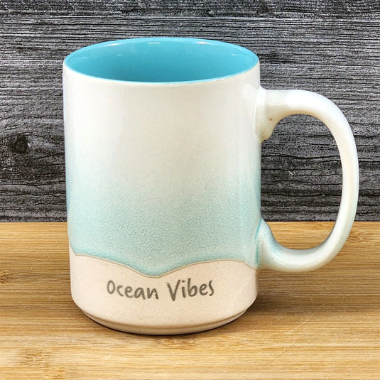 Beach Seafoam Coffee Mug Ocean Coastal Tea Cup Embossed Ceramic Blue Sky 18oz