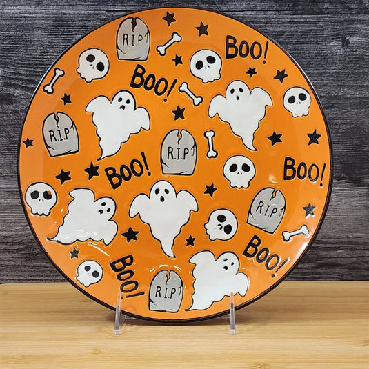 Halloween Happy Ghosts Round Ceramic Orange Salad Plate 10" Blue Sky ELI and ANA