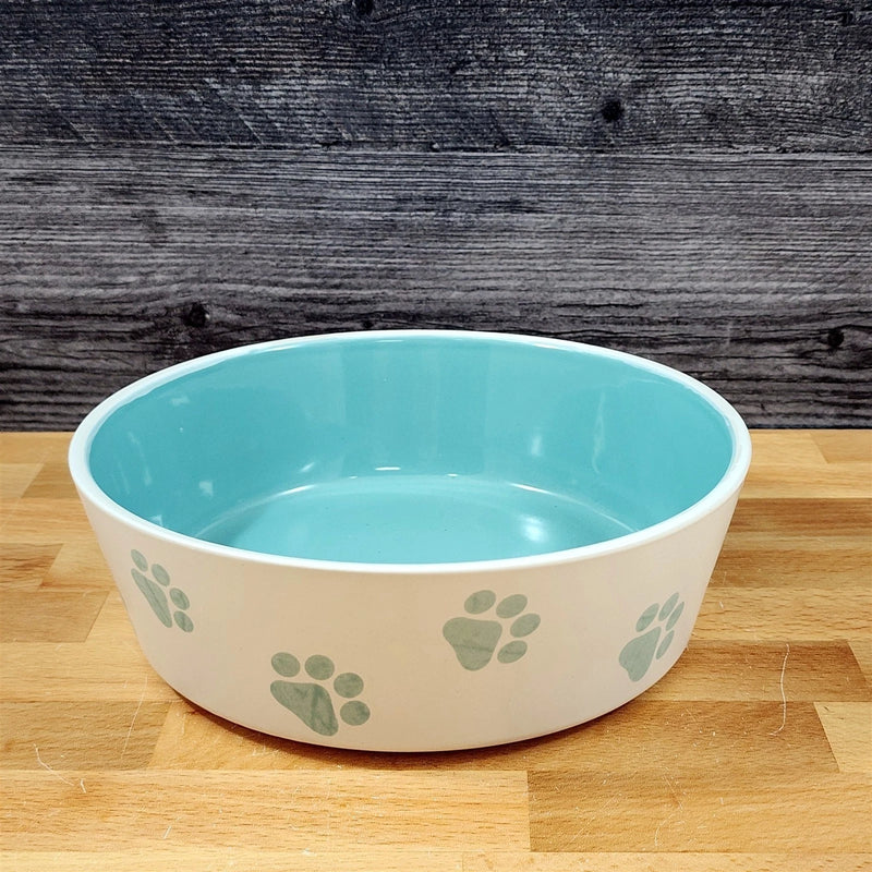 Load image into Gallery viewer, Dog Water Food Bowl Embossed Treat Dish Ceramic Turquoise Inside by Blue Sky
