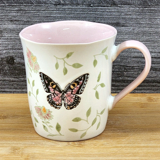 Monarch Butterfly Floral Coffee Mug Pink Interior Ceramic Tea Cup Blue Sky 17oz