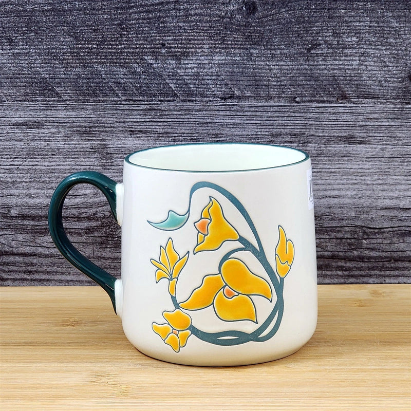 Load image into Gallery viewer, Daffodil Coffee Mug Yellow White Floral Embossed Ceramic Tea Cup Blue Sky 18 oz

