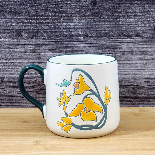 Daffodil Coffee Mug Yellow White Floral Embossed Ceramic Tea Cup Blue Sky 18 oz
