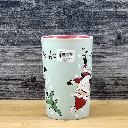 Santa Coffee Mug Christmas Holiday Green Embossed Tea Cup Ceramic Blue Sky 17oz