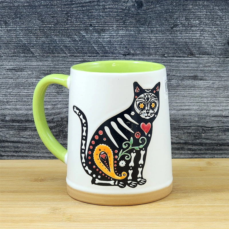 Load image into Gallery viewer, Halloween Day of the Dead Whimsical Cat Coffee Mug Green Ceramic Cup Blue Sky
