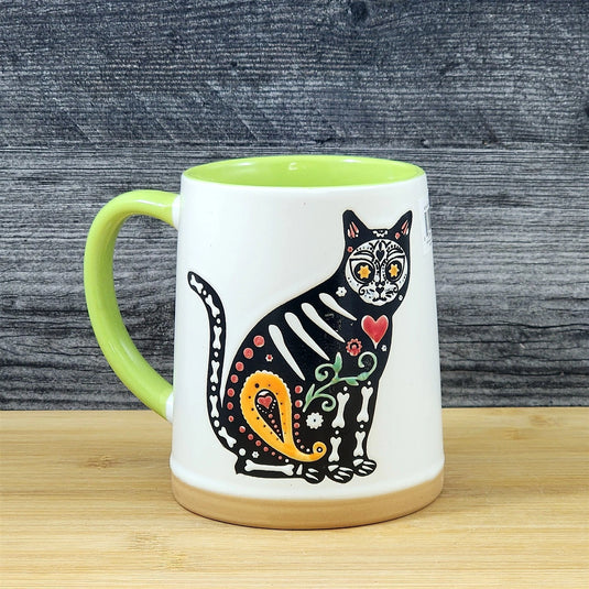 Halloween Day of the Dead Whimsical Cat Coffee Mug Green Ceramic Cup Blue Sky